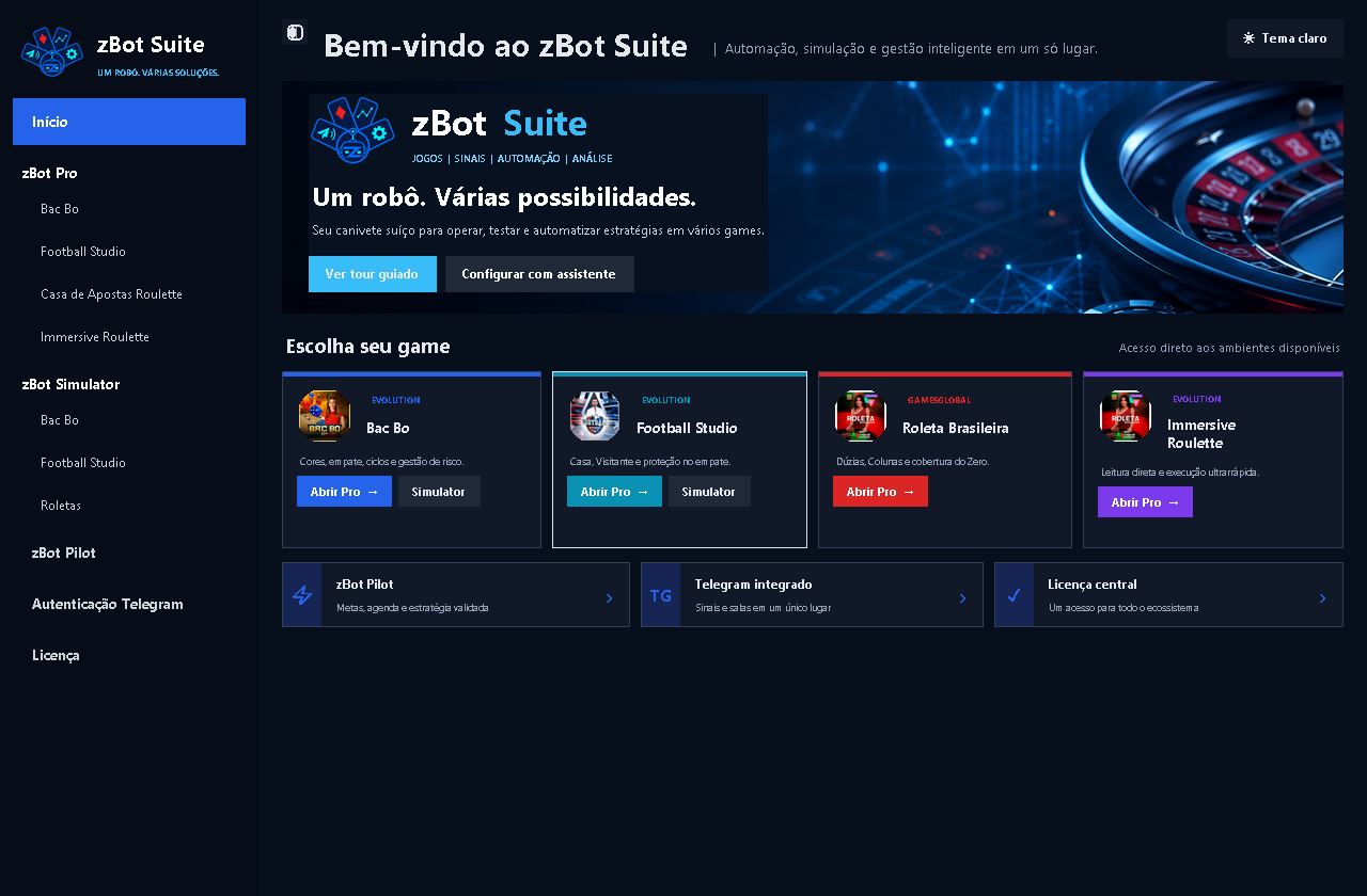 Tela inicial real do zBot Suite