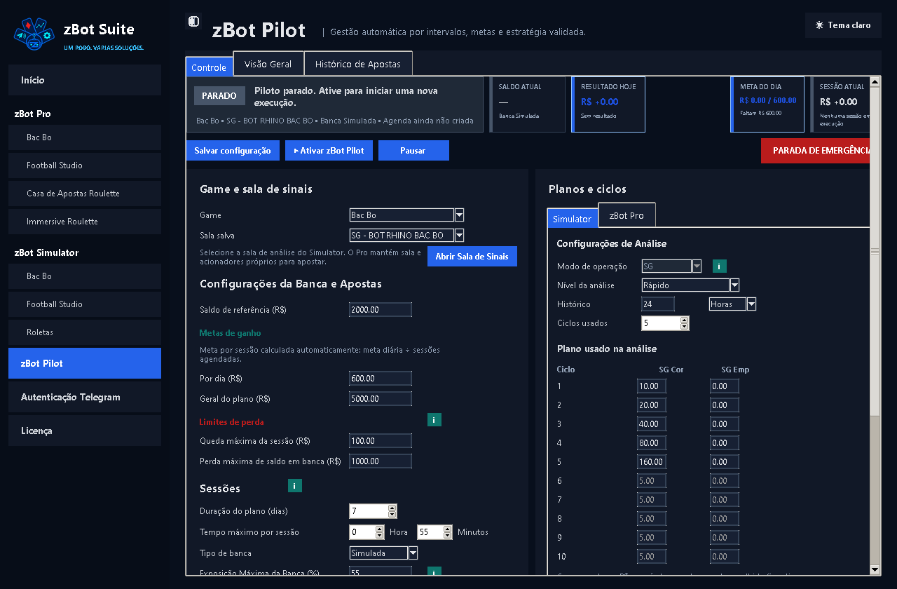 Tela real do zBot Pilot